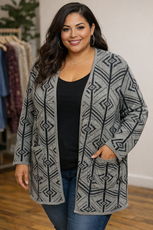 MISSY & PLUS GREYS AZTEC CARDIGAN