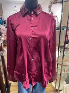 WINE SATIN TOP WITH SEQUINS ON COLLAR AND WRISTS