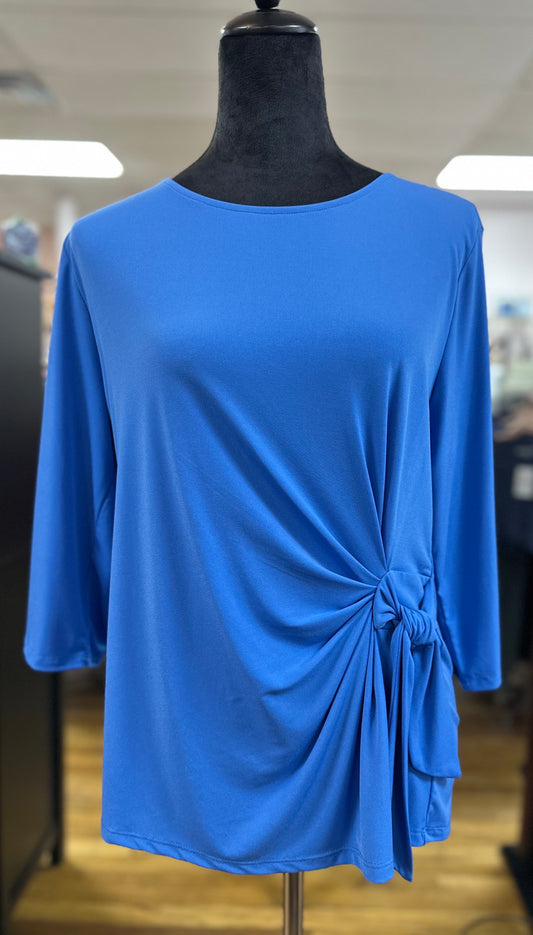 3/4 SLEEVE BLUE KNIT RUCHED TOP