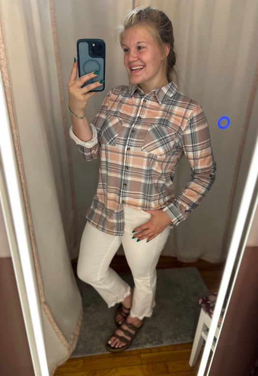 PEACH AND GREY LONG SLEEVE PLAID BUTTON UP