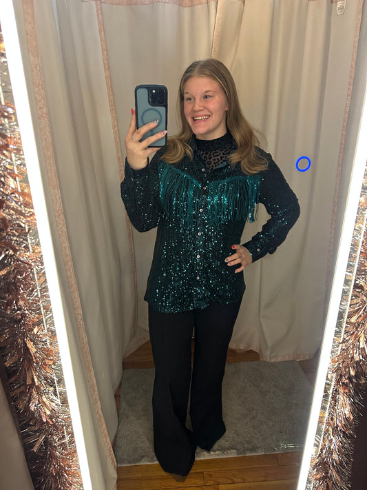 TEAL GREEN SEQUIN LONG SLEEVE TOP