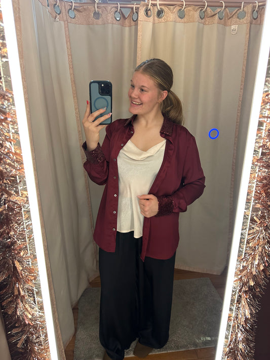 MEDIUM WINE SATIN TOP WITH SEQUINS ACCENTS