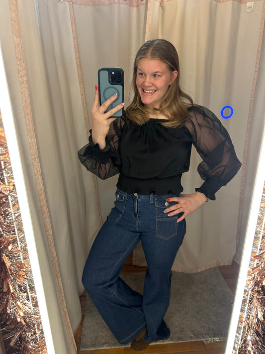 BLACK ORGANZA PUFF SLEEVE WITH SMOCKED WAIST