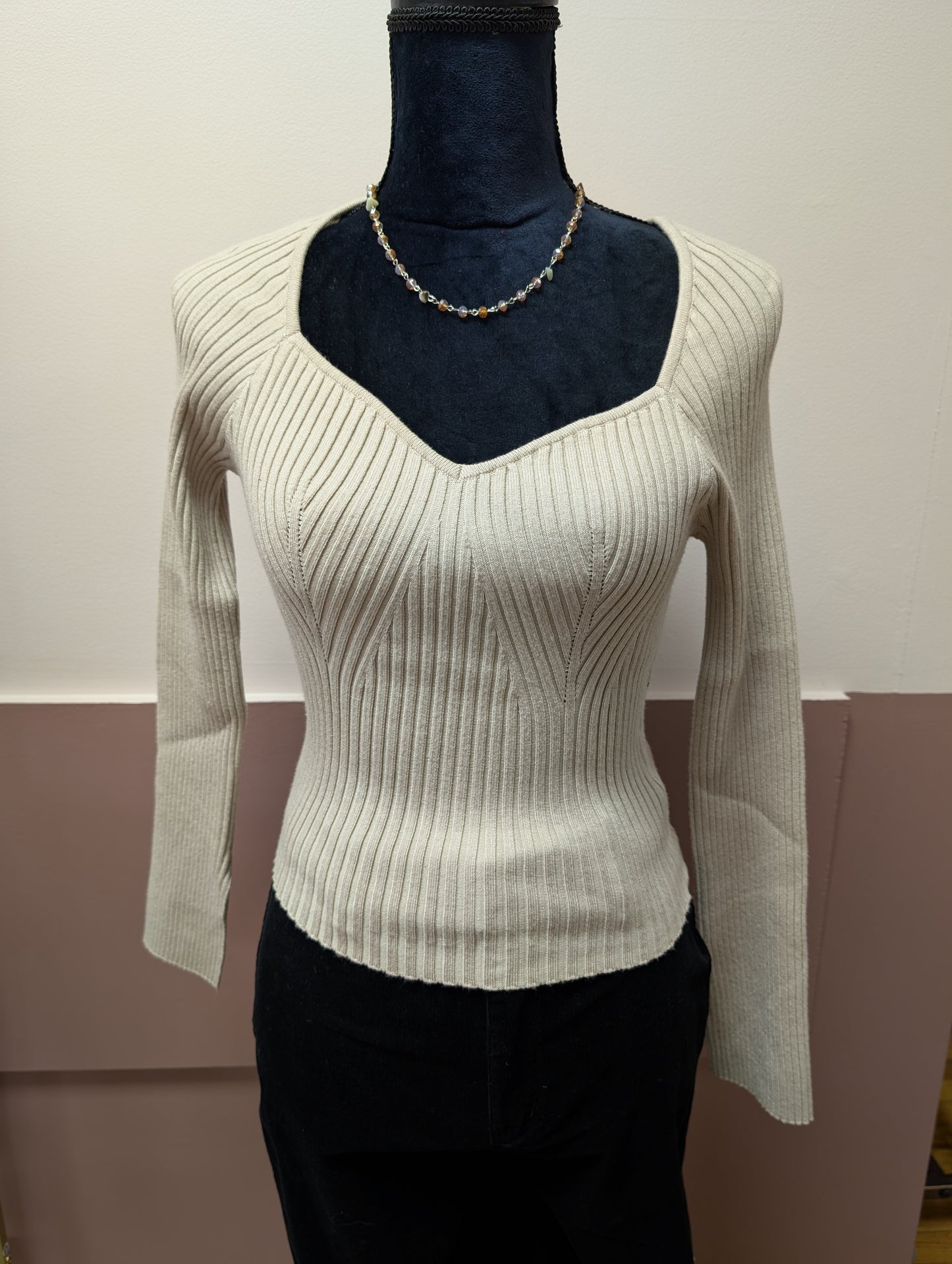 SWEETHEART NECKLINE OATMEAL RIBBED SWEATER JUNIOR FIT