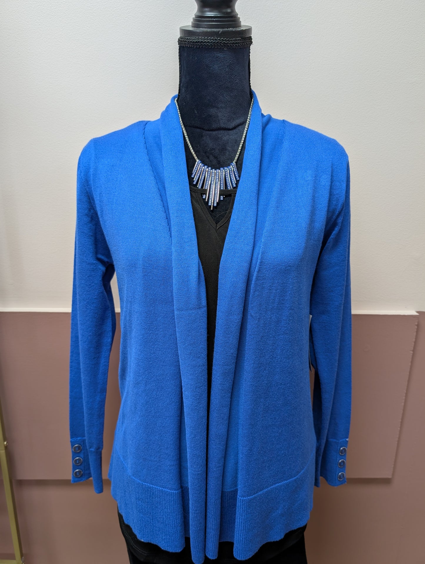 BLUE SPLASH CARDIGAN WITH BUTTON DETAIL ON SLEEVE