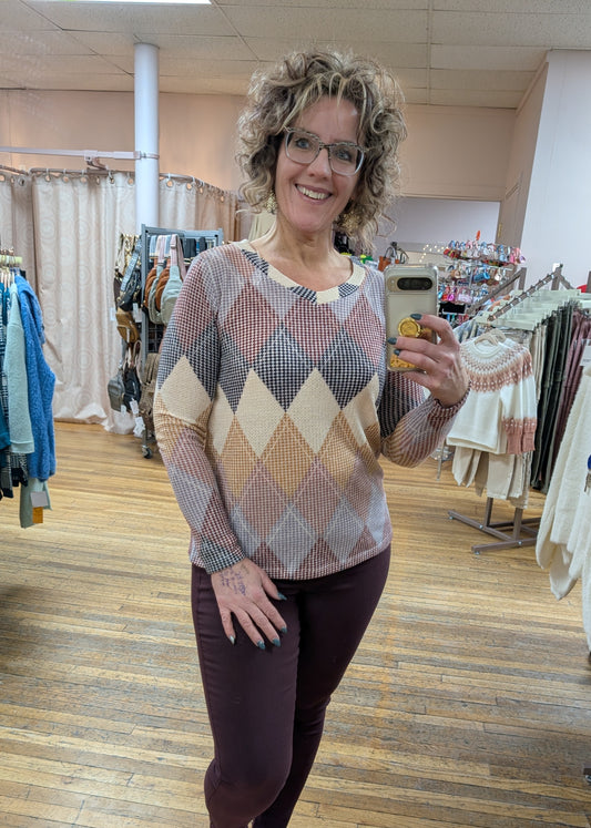 PLUS ARGYLE TEXTURED WAFFLE KNIT LONG SLEEVE