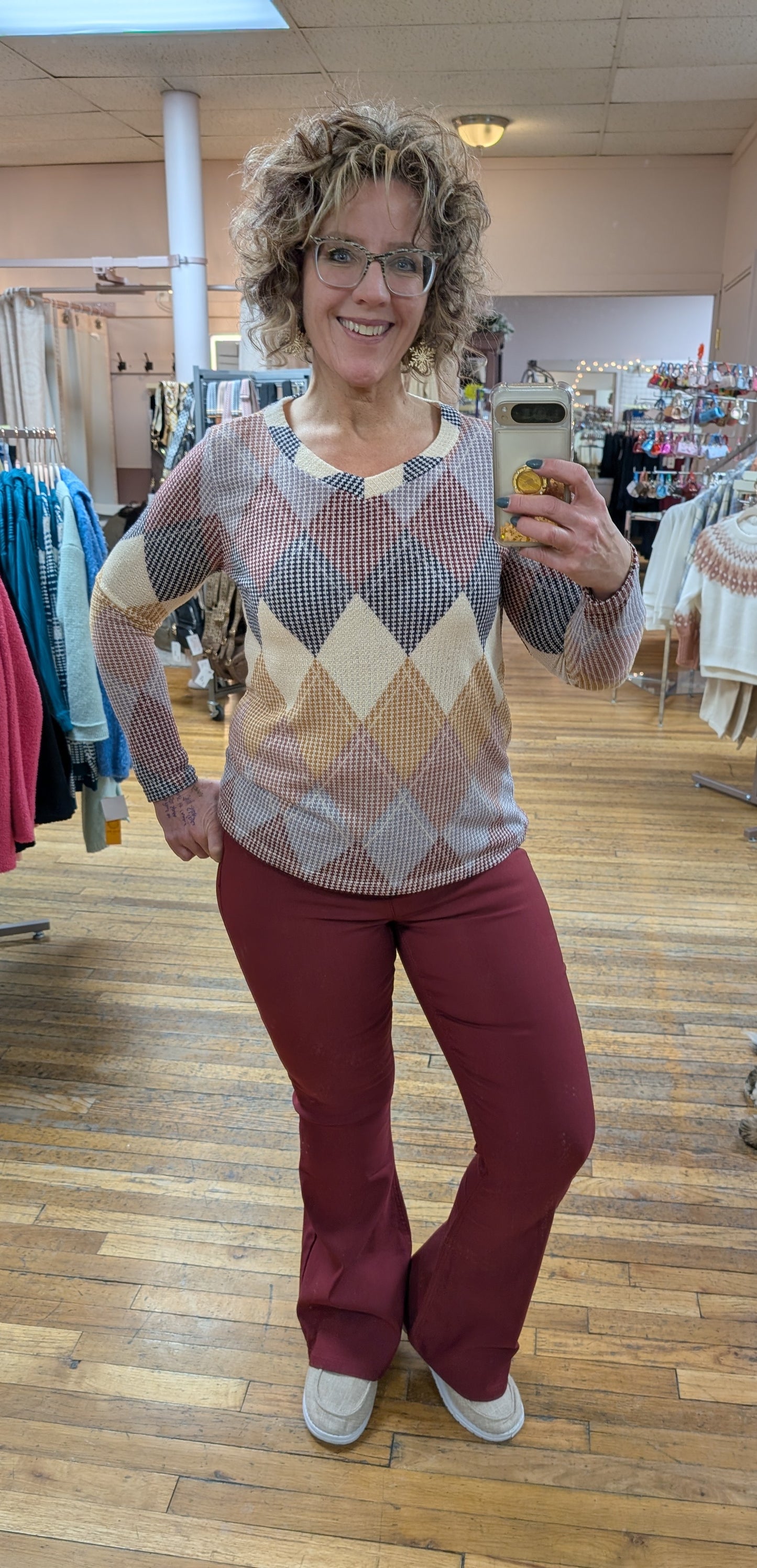 PLUS ARGYLE TEXTURED WAFFLE KNIT LONG SLEEVE