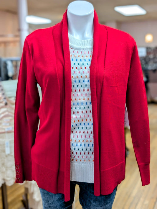 RED LONG SLEEVE CARDIGAN WITH BUTTON ACCENT SLEEVE