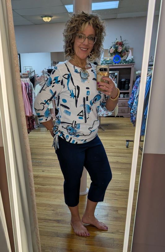 WHITE GLACIER NAVY 3/4 SLEEVE CINCHED