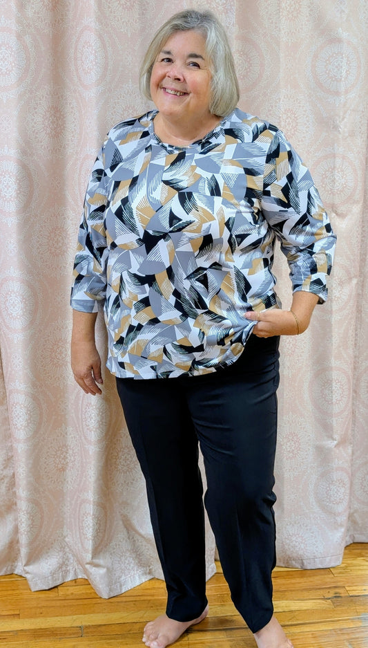 NEUTRAL GEO 3/4 SLEEVE BLOUSE WITH NECKLINE ACCENTS MISSY & PLUS