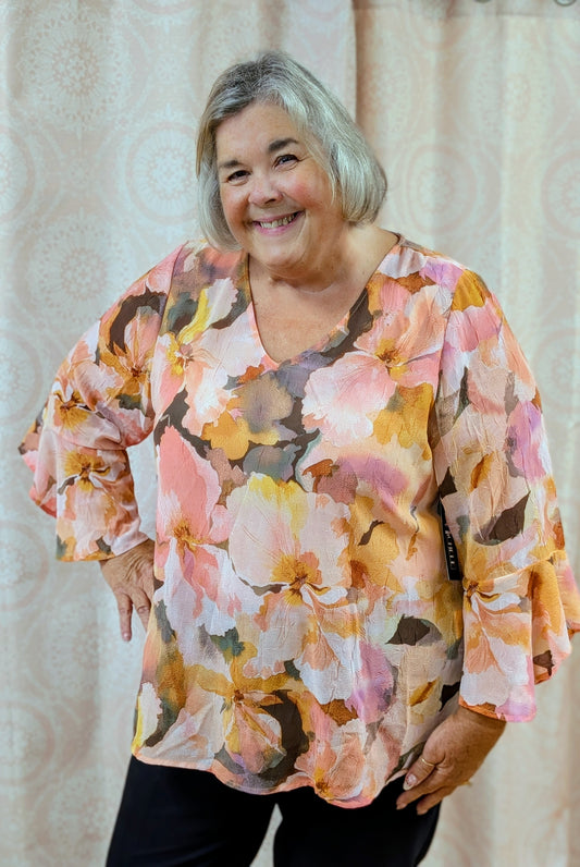 PLUS AND REGULAR SIZE RUFFLE SLEEVE V-NECK SWING TOP: YELLOW/PINK/BROWN