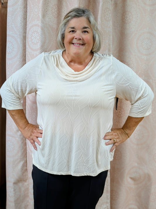 CREAM DECORATIVE COWL NECK 3/4 SLEEVE BLOUSE MISSY & PLUS