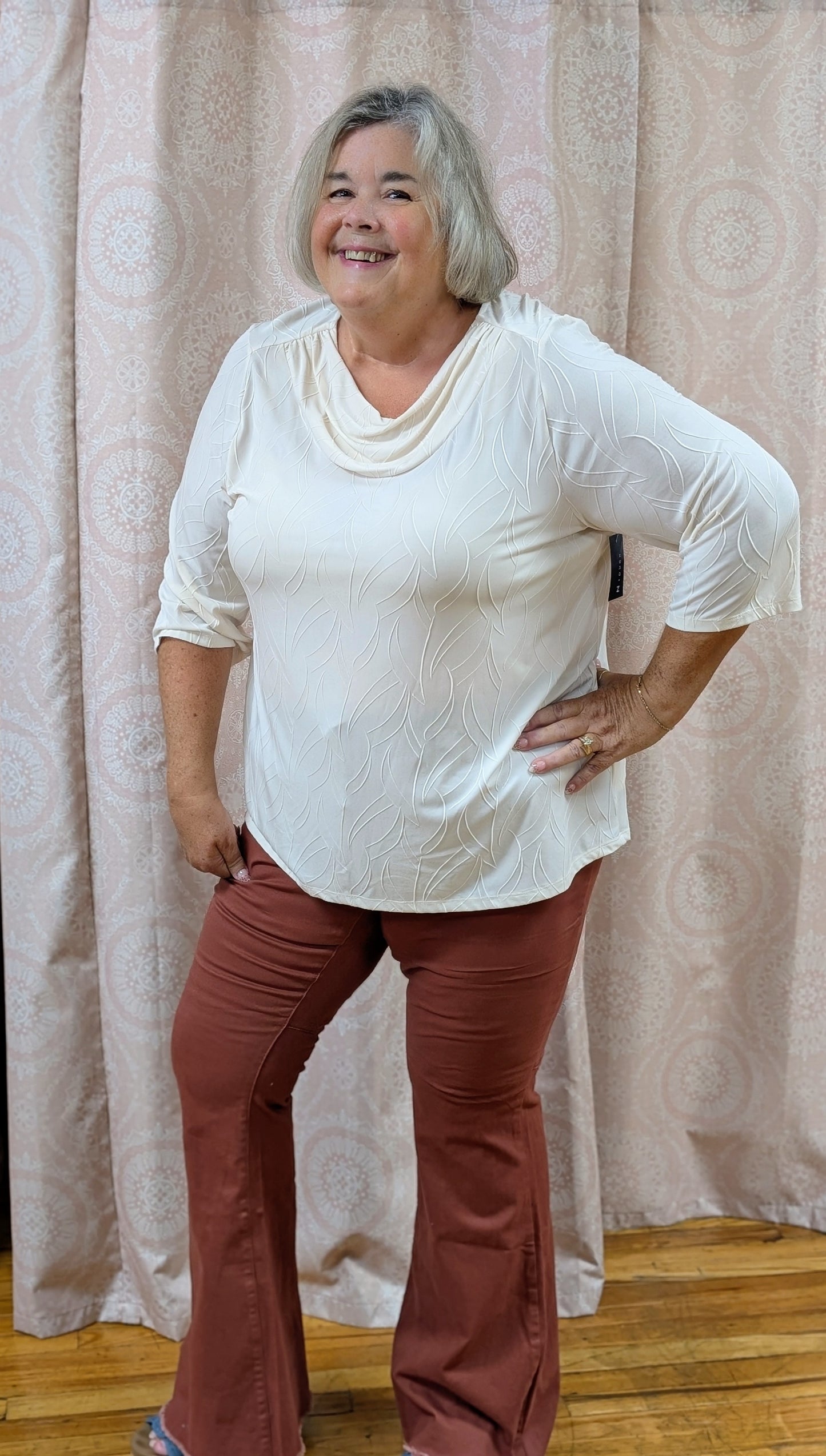 CREAM DECORATIVE COWL NECK 3/4 SLEEVE BLOUSE MISSY & PLUS