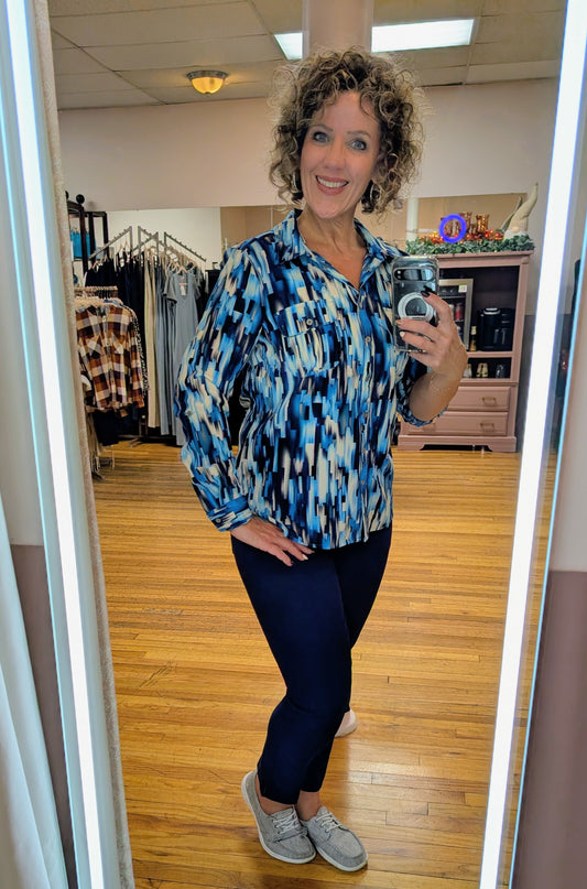 LONG SLEEVE BLUE ABSTRACT BLOUSE