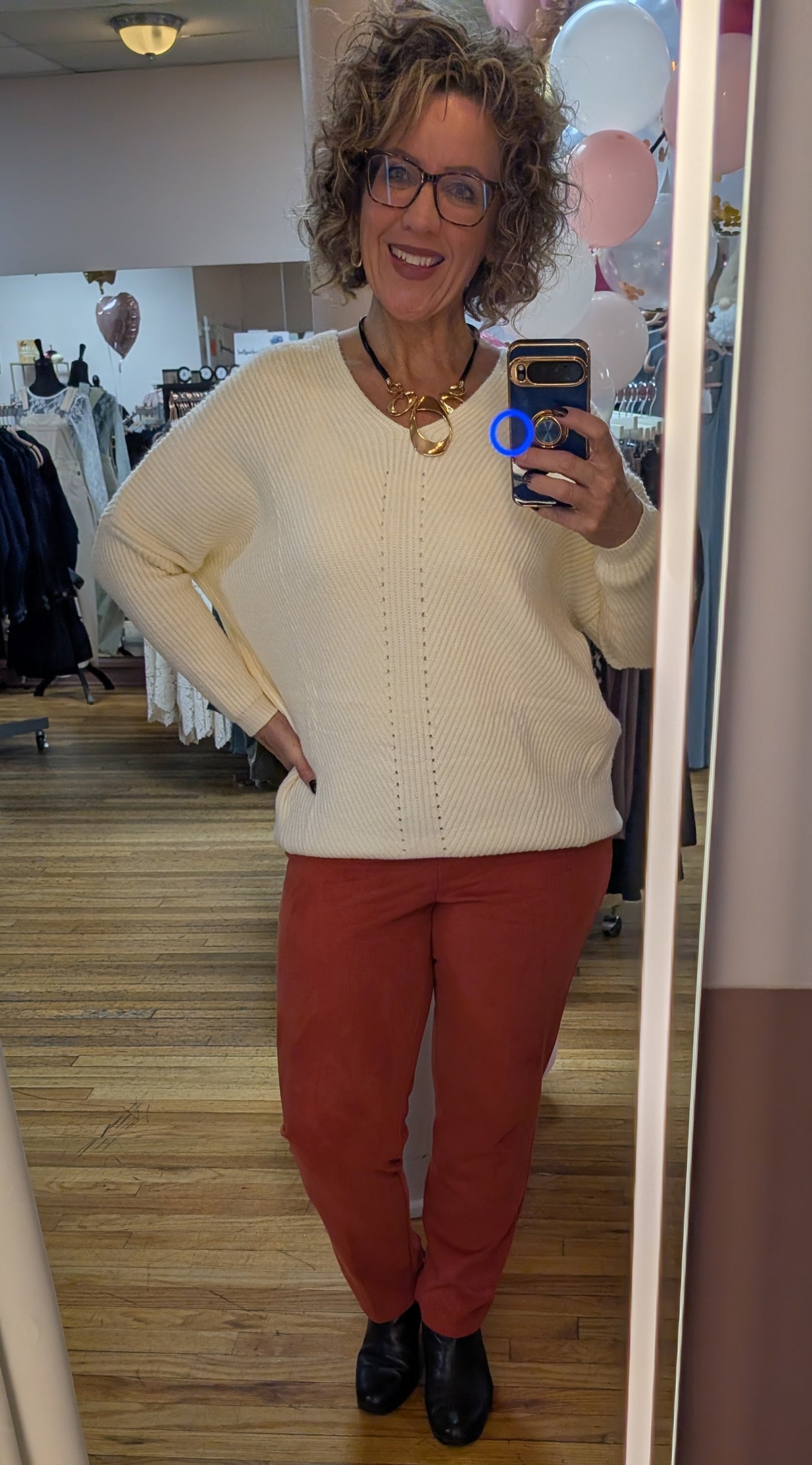 CREAM V-NECK POINTELLE RIBBED SWEATER
