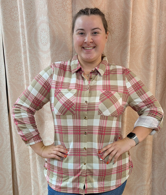 FUCHSIA & TAN PLAID BUTTERY SOFT BUTTON UP