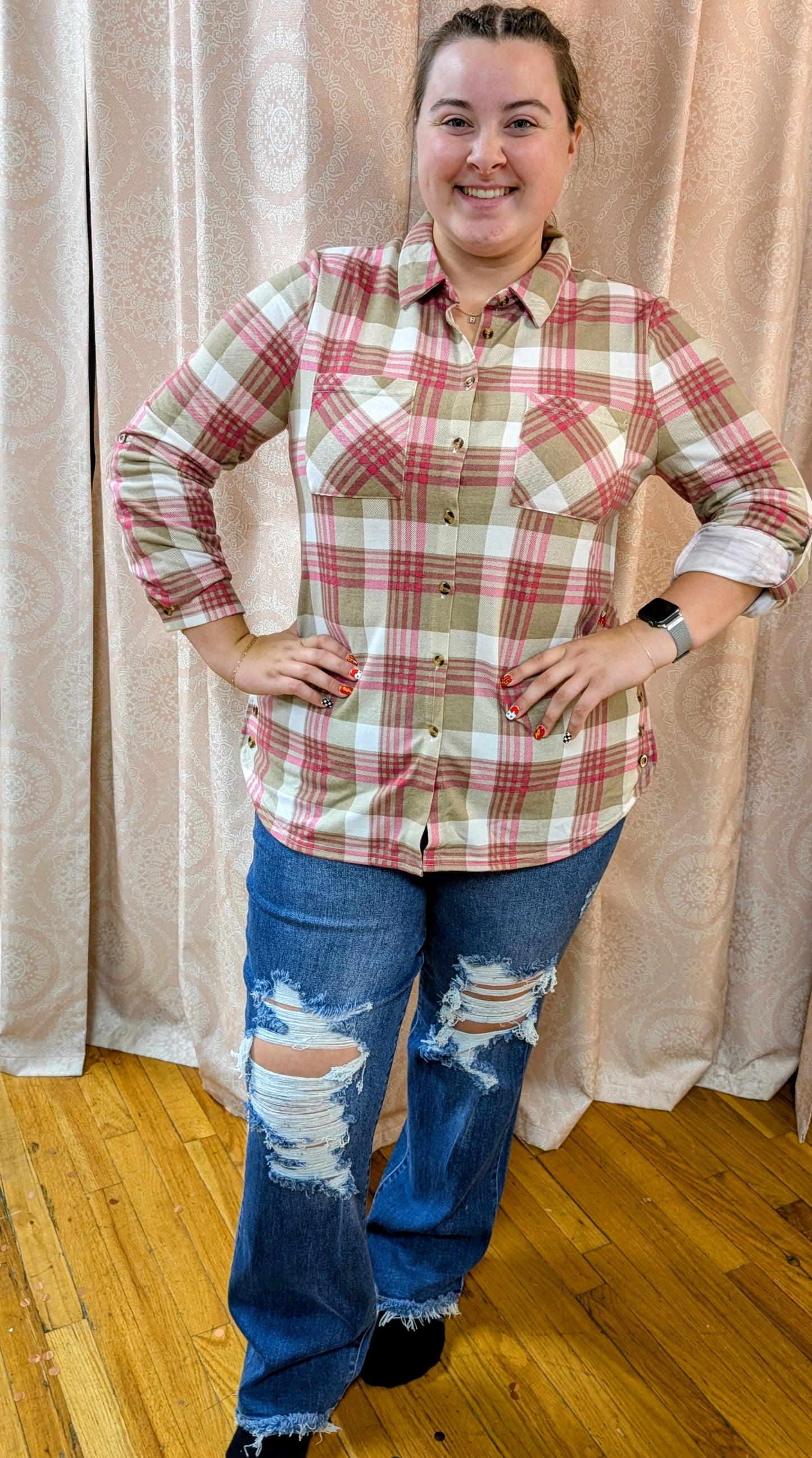 FUCHSIA & TAN PLAID BUTTERY SOFT BUTTON UP