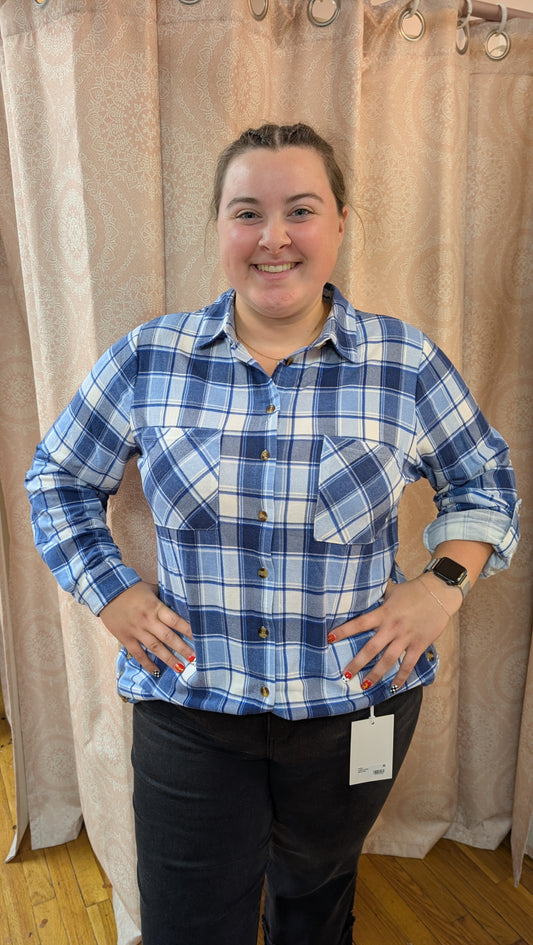 PLUS DENIM BLUE PLAID BUTTERY SOFT BUTTON UP