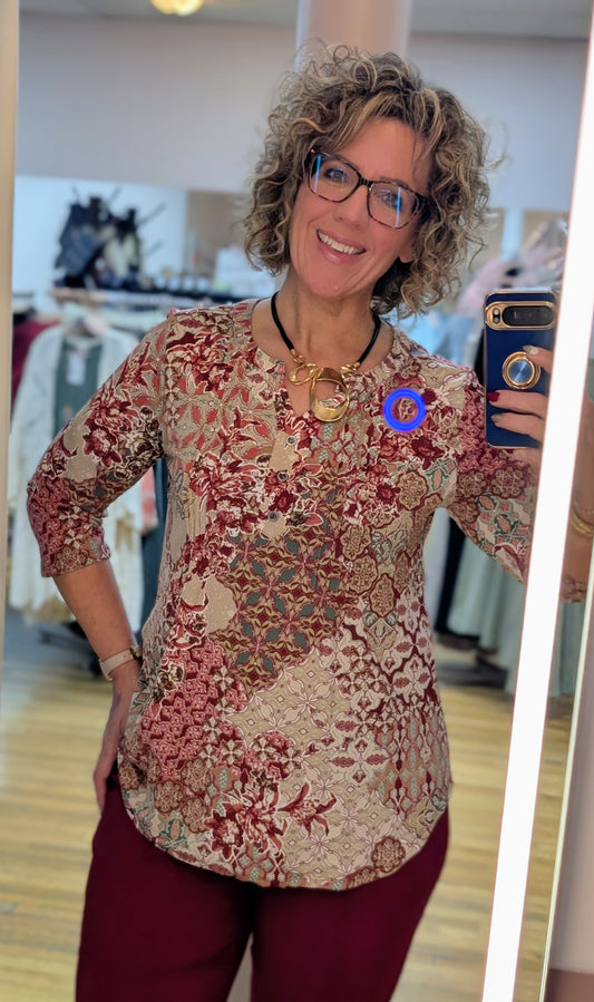 MISSY & PLUS WINE/ SAGE PINTUCK 3/4 SLEEVE