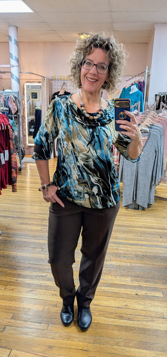 ORION BLUE 3/4 SLEEVE COWL NECK BLOUSE