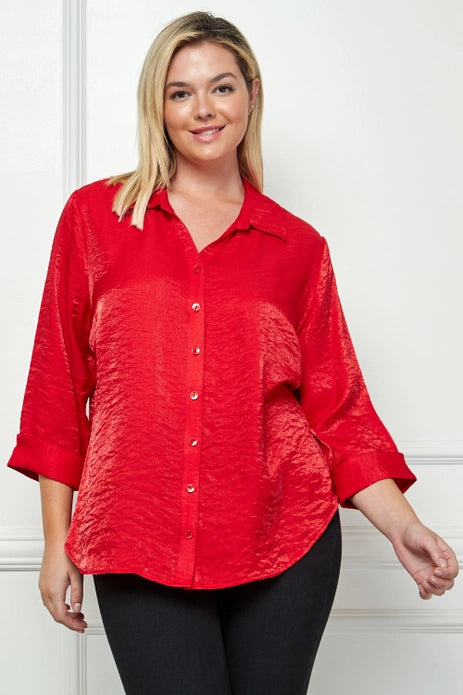 PLUS SIZE SHIMMER 3/4 CUFF SLV JOHNNY COLLAR SHIRT