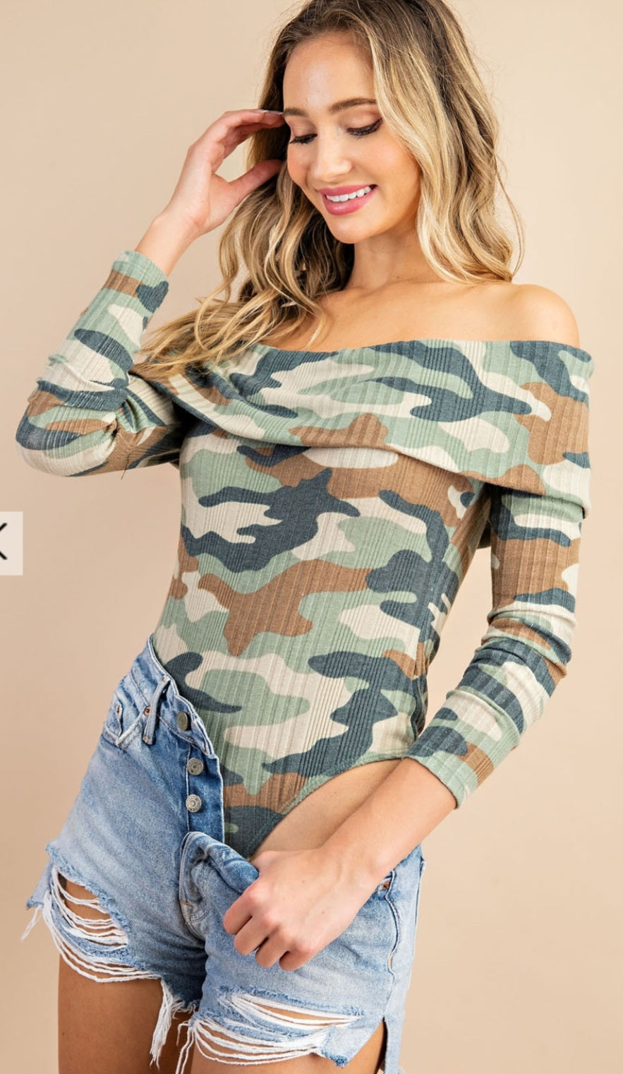 CAMO OFF THE SHOULDER BODYSUIT USA MADE