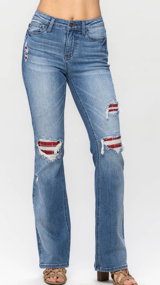 Plus Plaid Patch Detail Bootcut