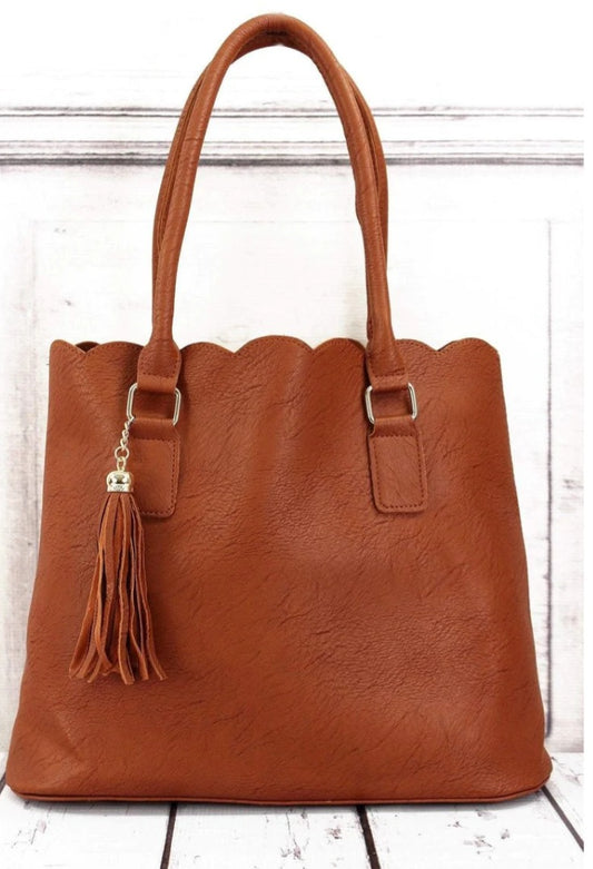 Light Brown Faux Leather Scalloped Tote