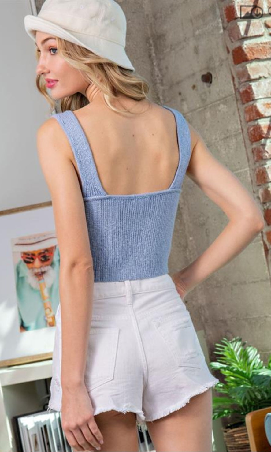 V-Neck Knit Crop Tank Sky Blue