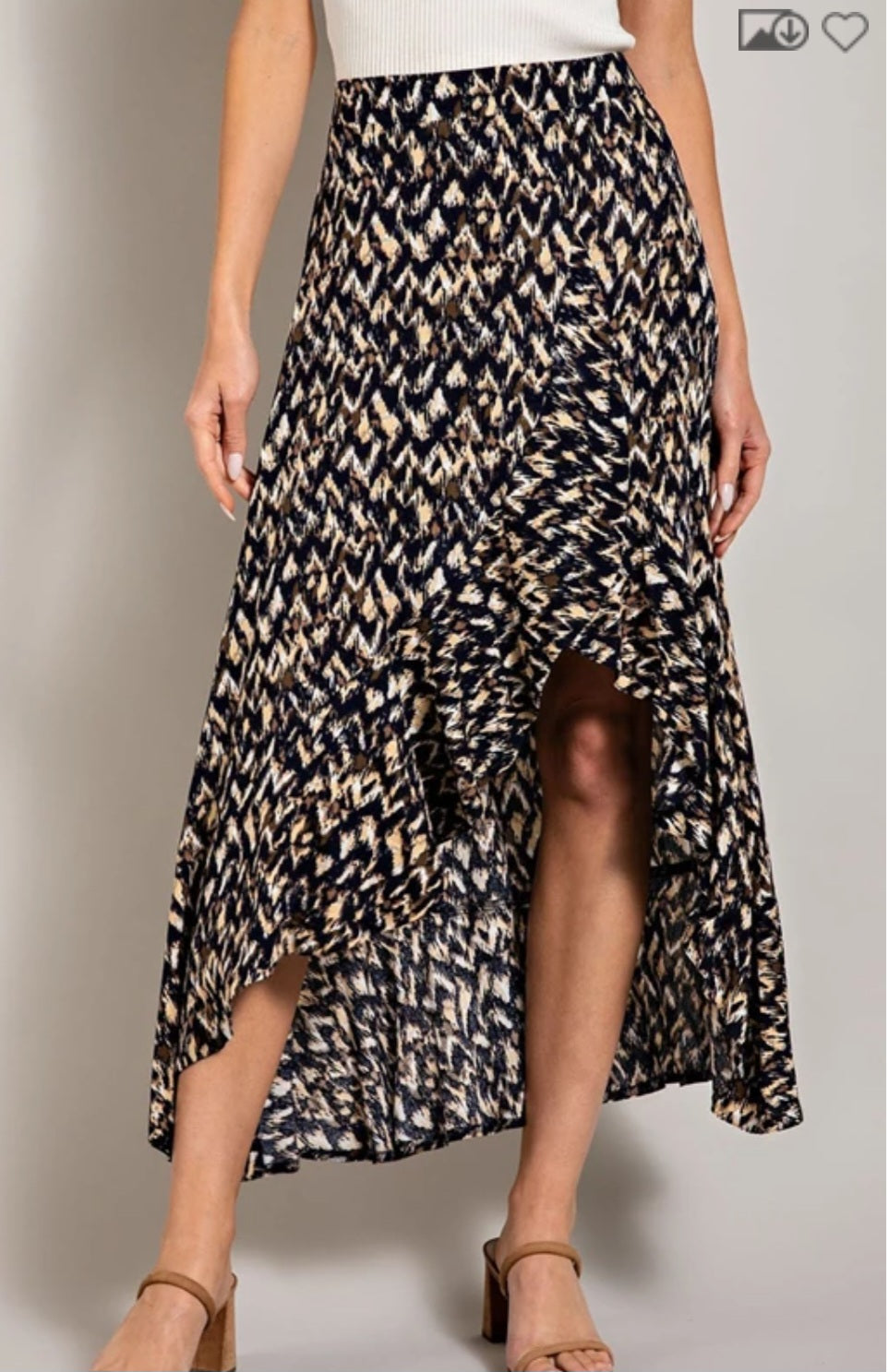 Navy/Taupe Ruffle Slit Midi Skirt