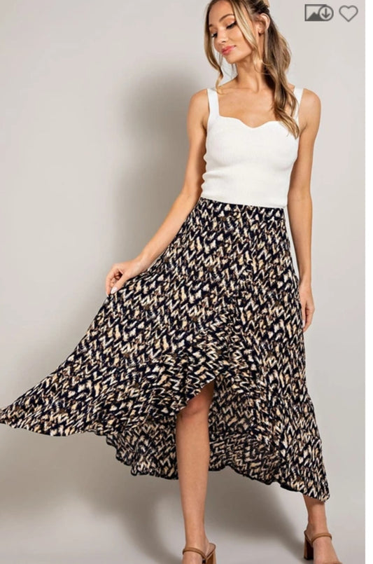 Navy/Taupe Ruffle Slit Midi Skirt