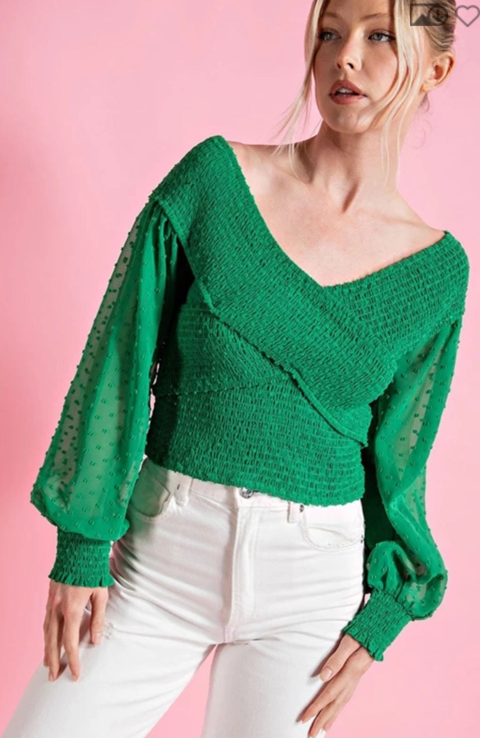 Kelly Green V-Neck Polka Dot Sleeve