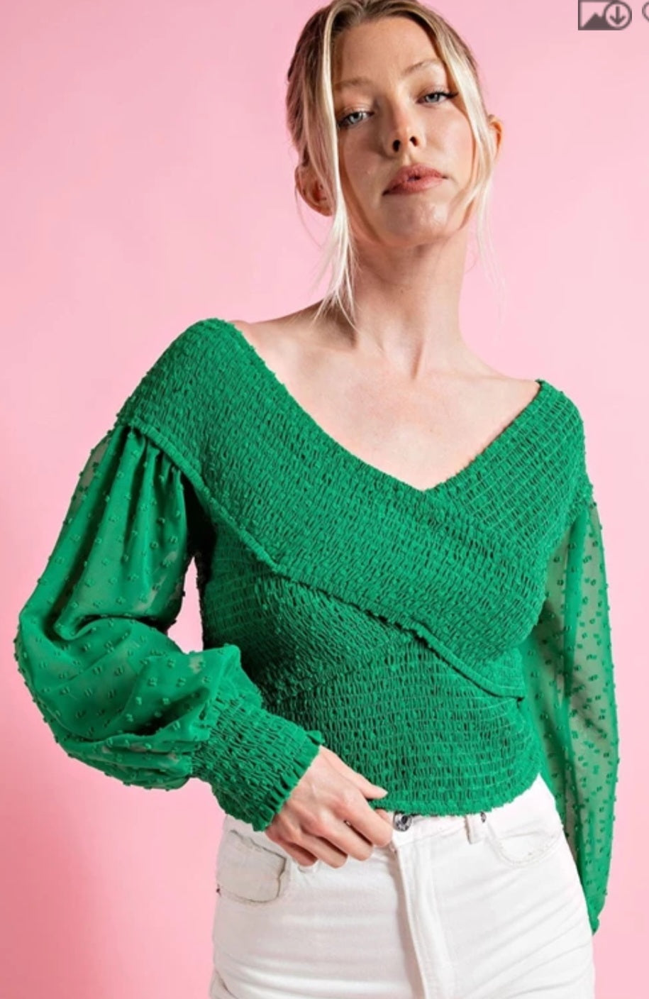 Kelly Green V-Neck Polka Dot Sleeve