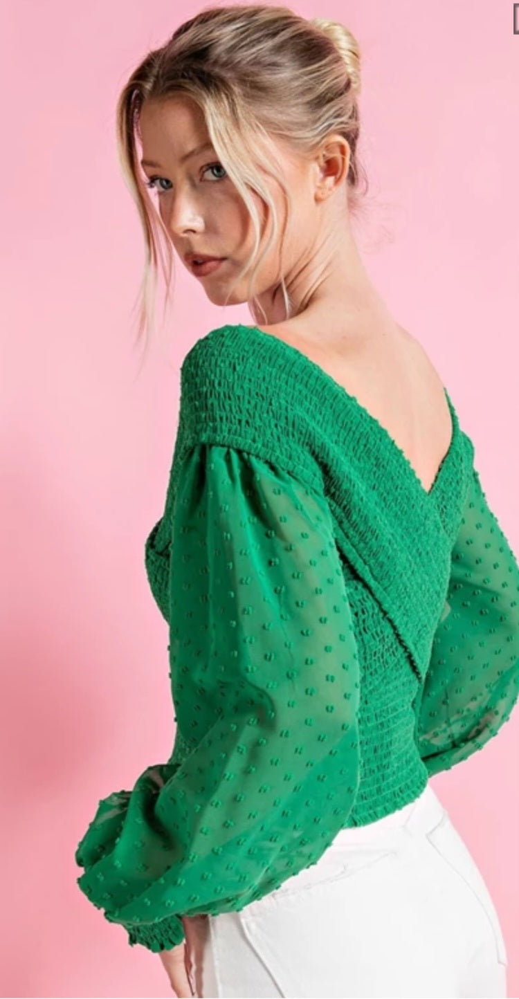 Kelly Green V-Neck Polka Dot Sleeve