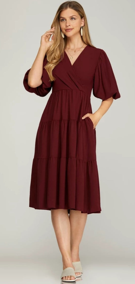 WINE BALLOON SLEEVE MIDI DRESS