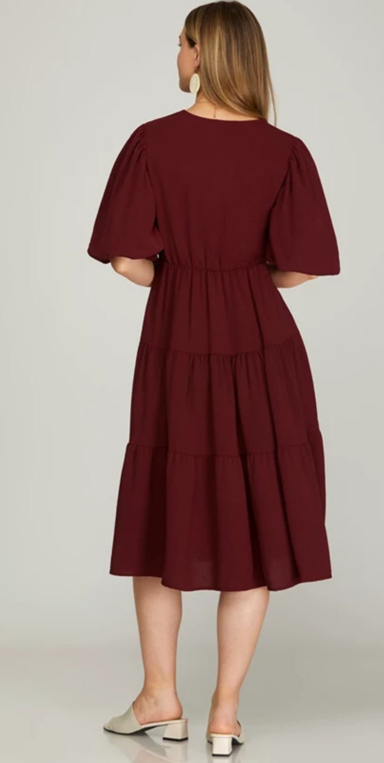 WINE BALLOON SLEEVE MIDI DRESS