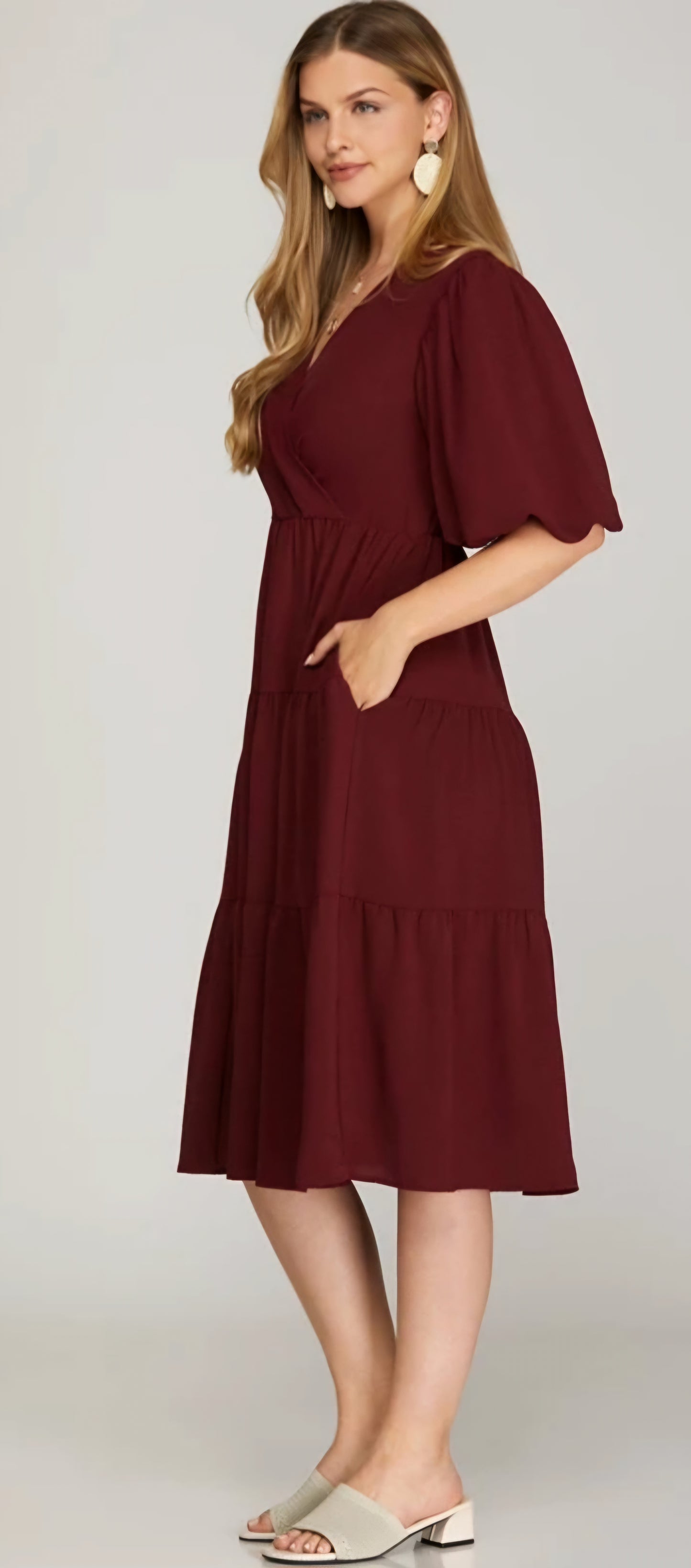 WINE BALLOON SLEEVE MIDI DRESS