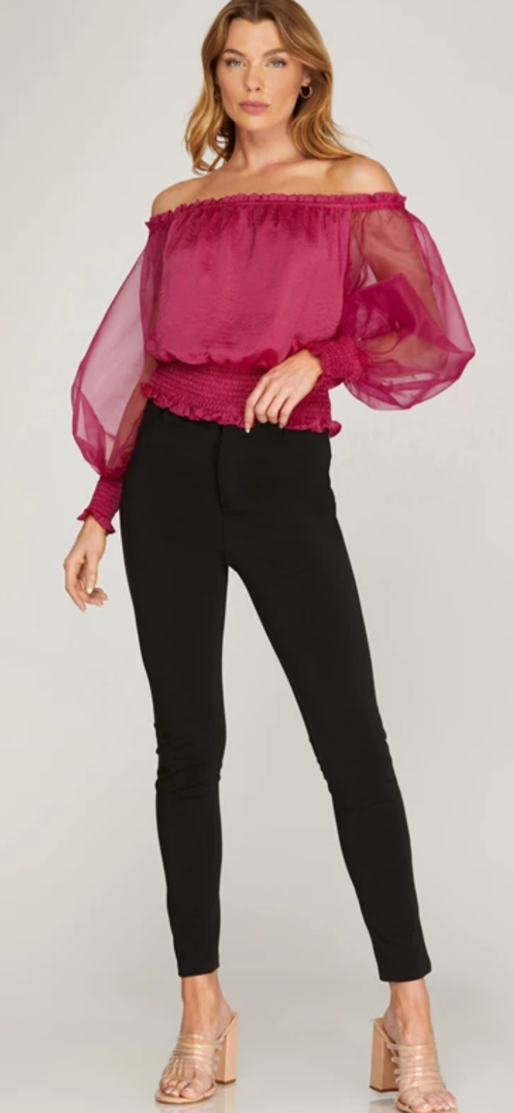 FUCHSIA ORGANZA PUFF SLEEVE WITH SMOCKED WAIST