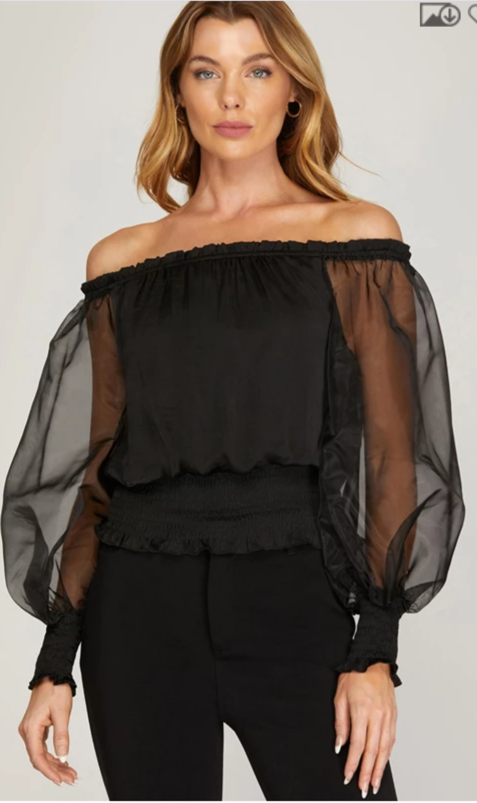 BLACK ORGANZA PUFF SLEEVE WITH SMOCKED WAIST