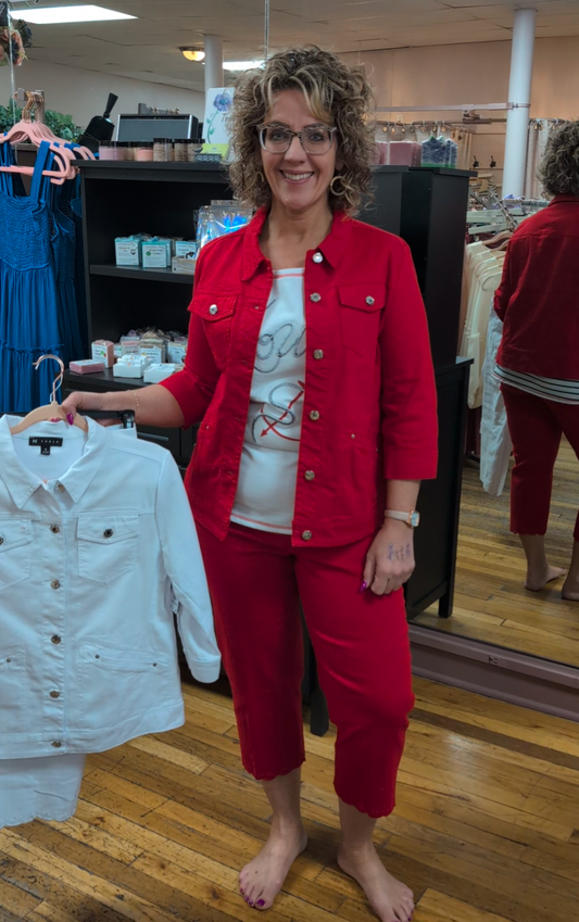 FIRESIDE PULL ON CAPRI WITH EMBROIDERY SCALLOPED HEM