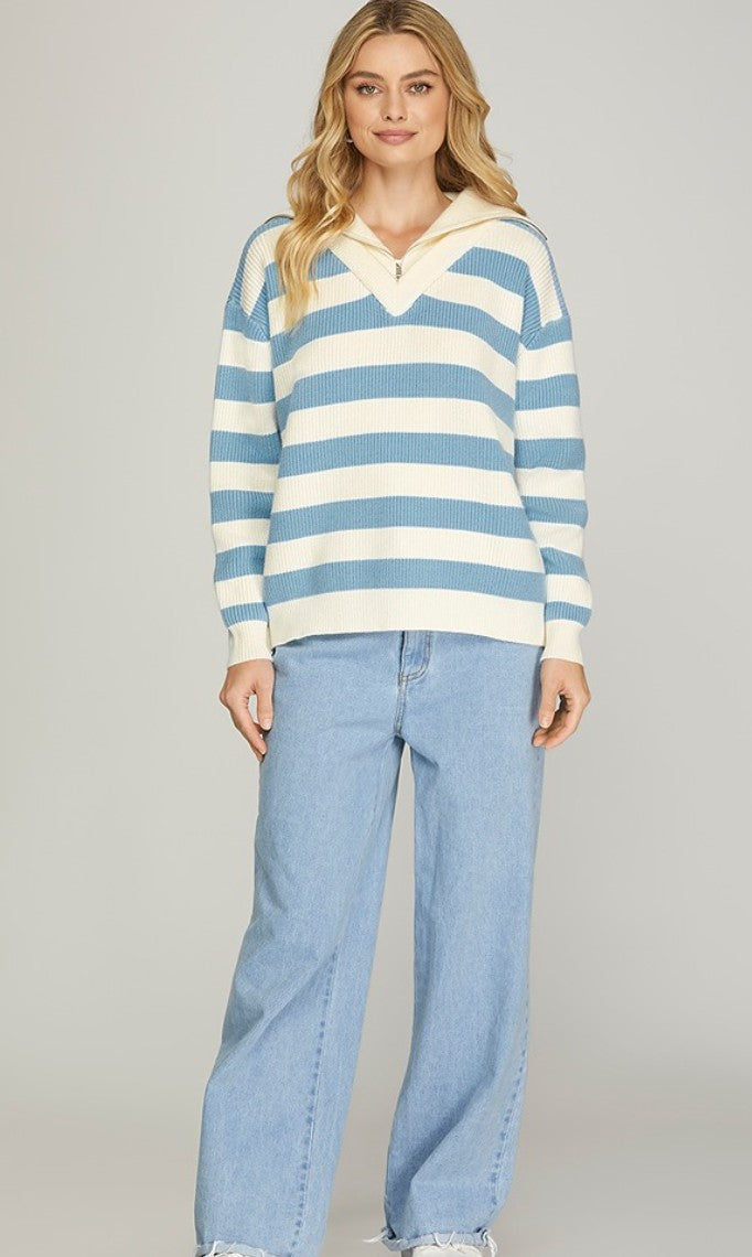 BLUE & IVORY STRIPE SWEATER