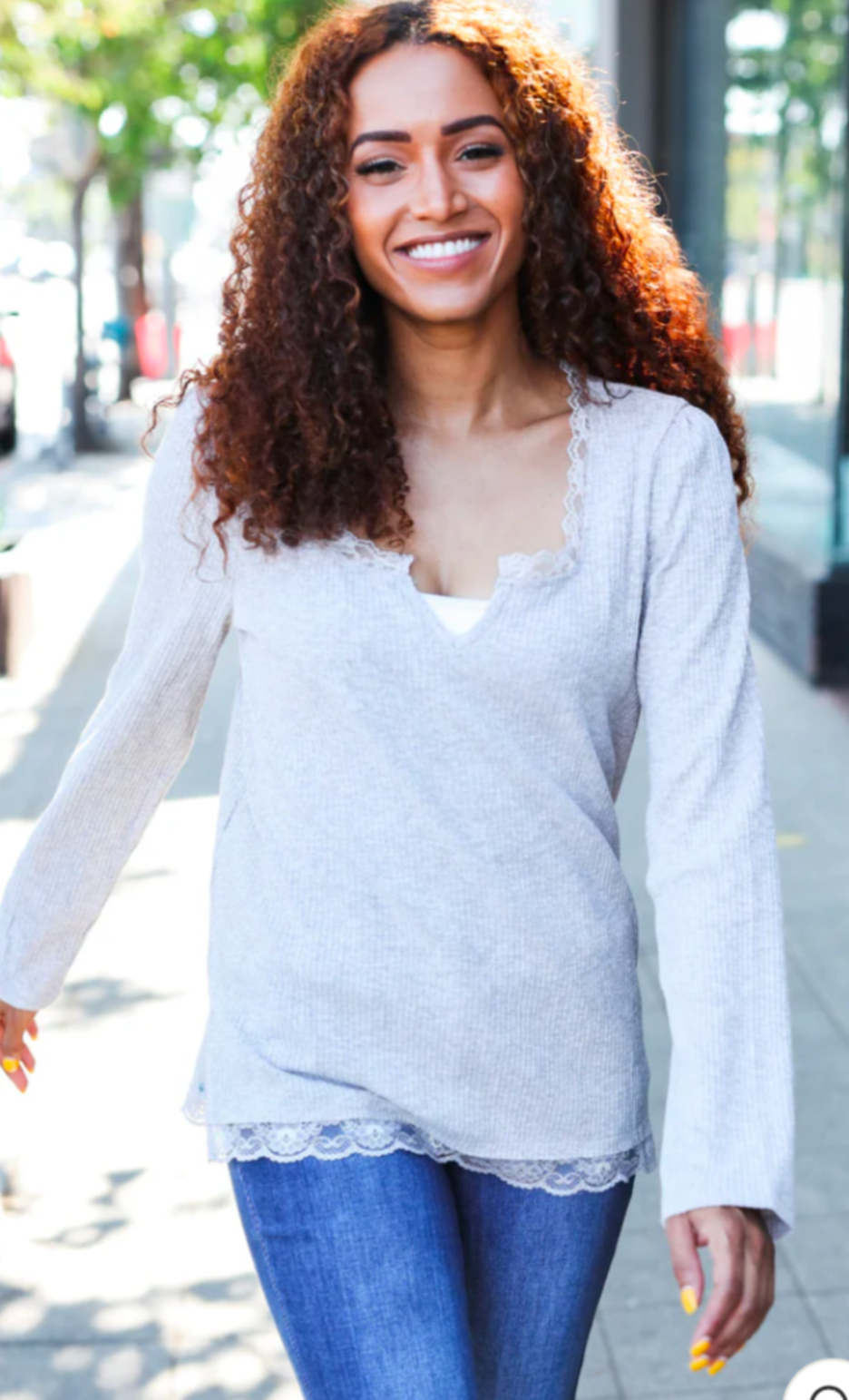 GREY RIBBED LACE TRIM LONG SLEEVE