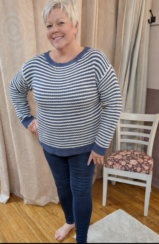 PLUS 2X/3X DENIM/IVORY STRIPED KNIT SWEATER