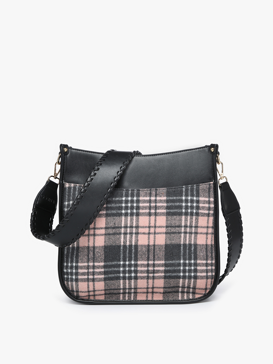 PINK/GREY CHLOE PLAID CROSSBODY WITH GUITAR STRAP