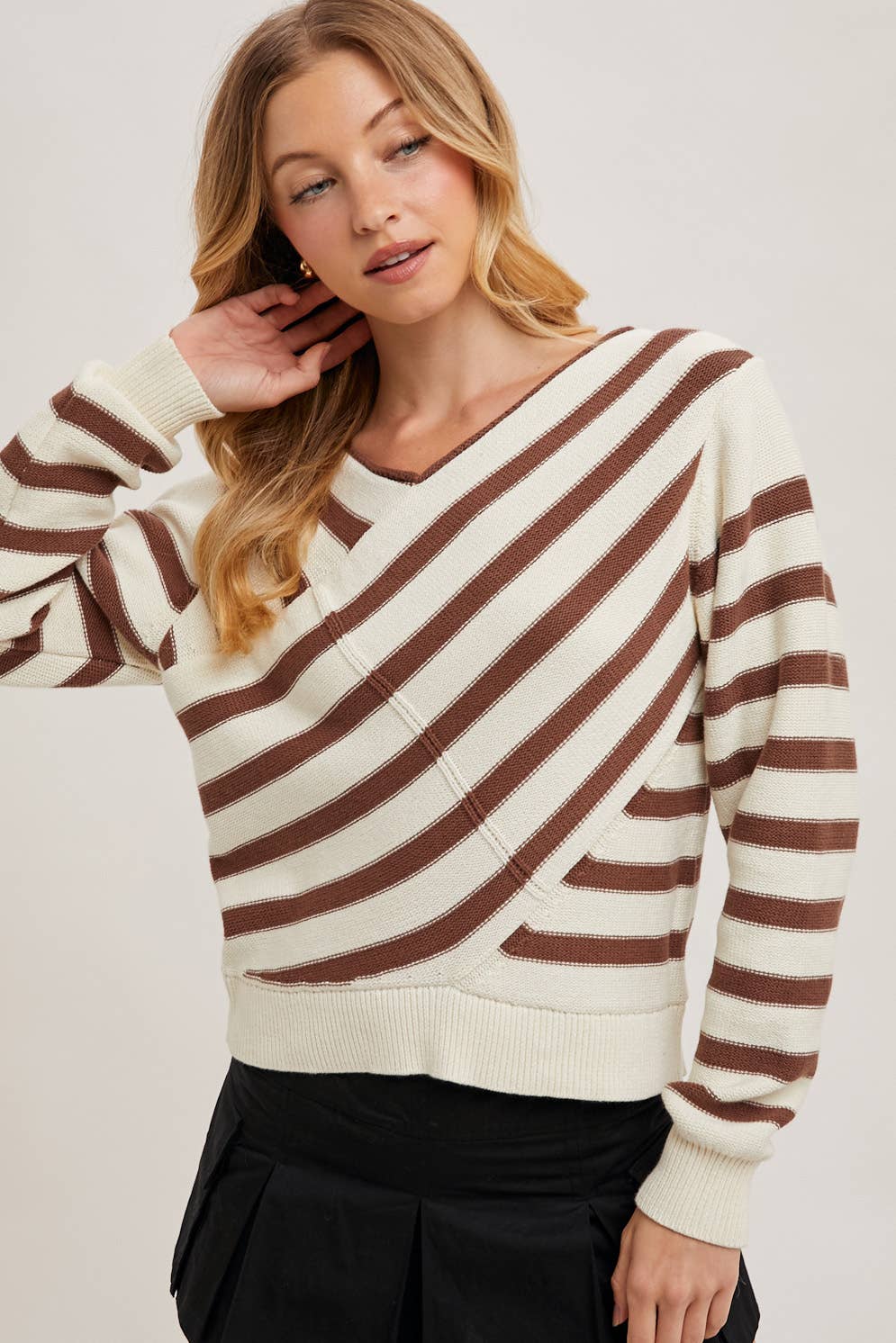 MOCHA STRIPED V NECK WRAP SWEATER