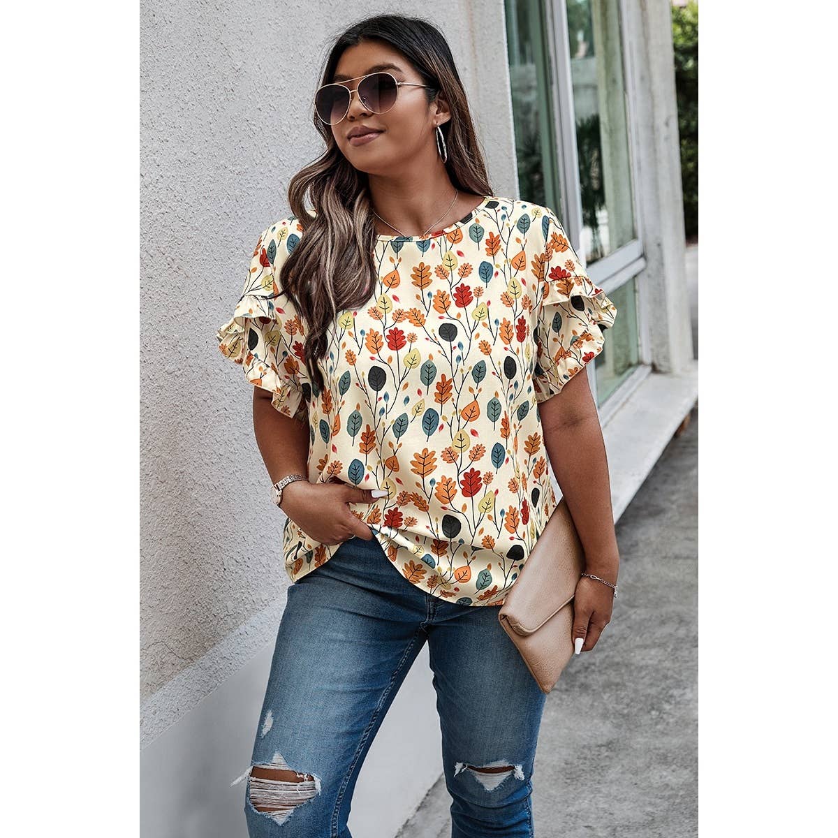 Plus Round Neck Floral Flounce Sleeve Loose Shirt: MULTI