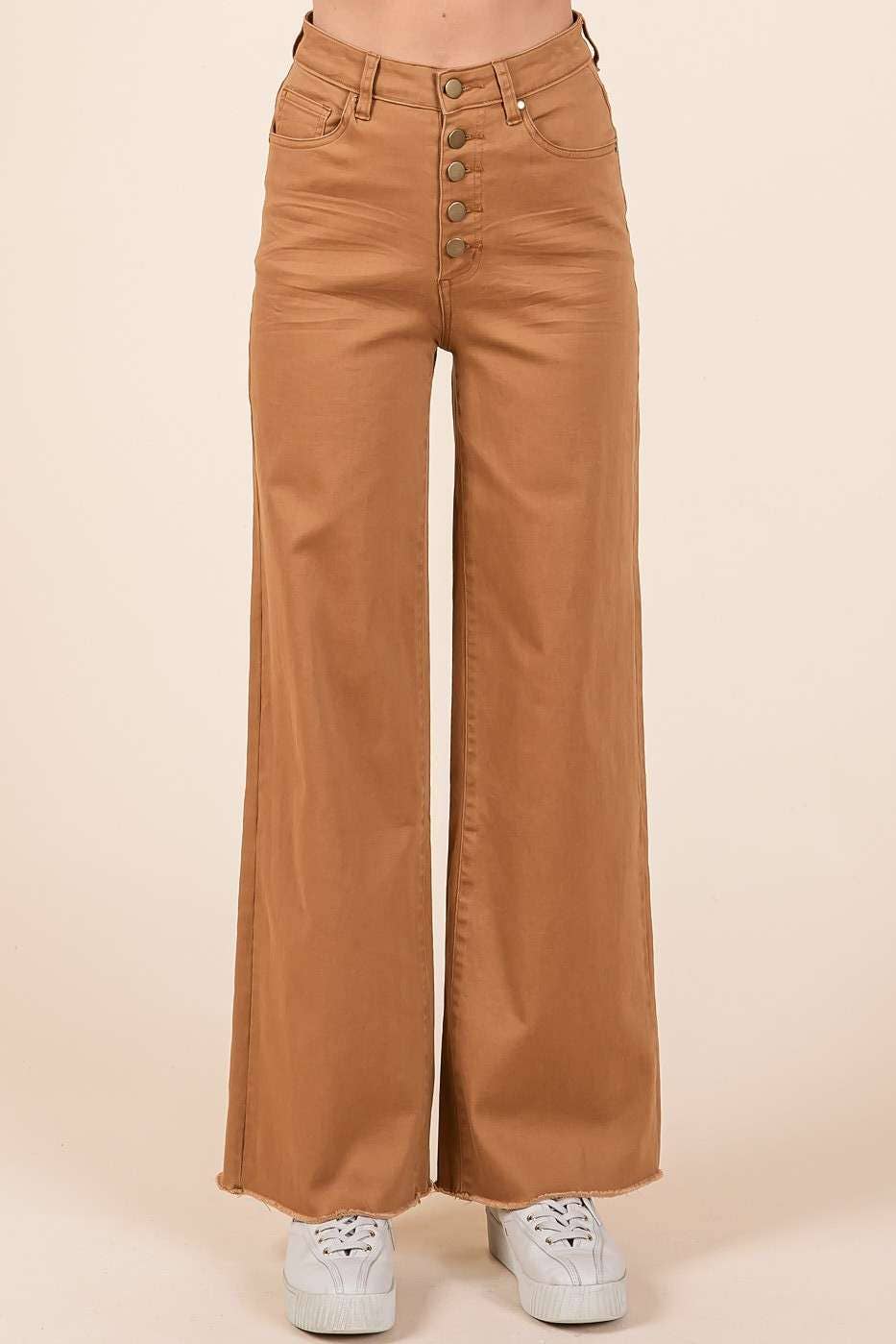 TWILL CAMEL HIGH WAISTED BUTTON FLY WIDE LEG PANTS