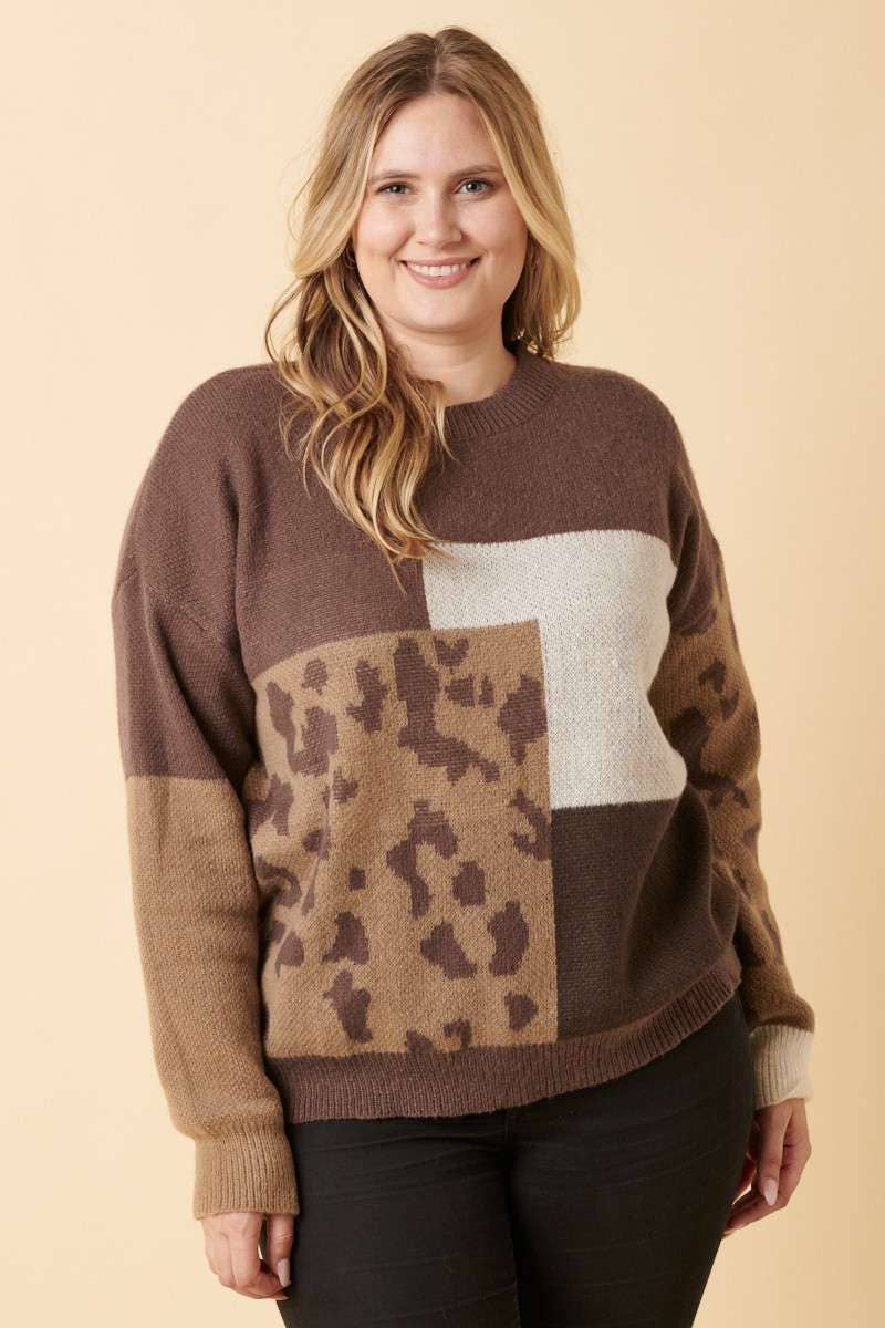 PLUS ANIMAL PRINT COLOR BLOCK SWEATER MOCHA COMBO