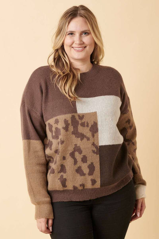 PLUS ANIMAL PRINT COLOR BLOCK SWEATER MOCHA COMBO