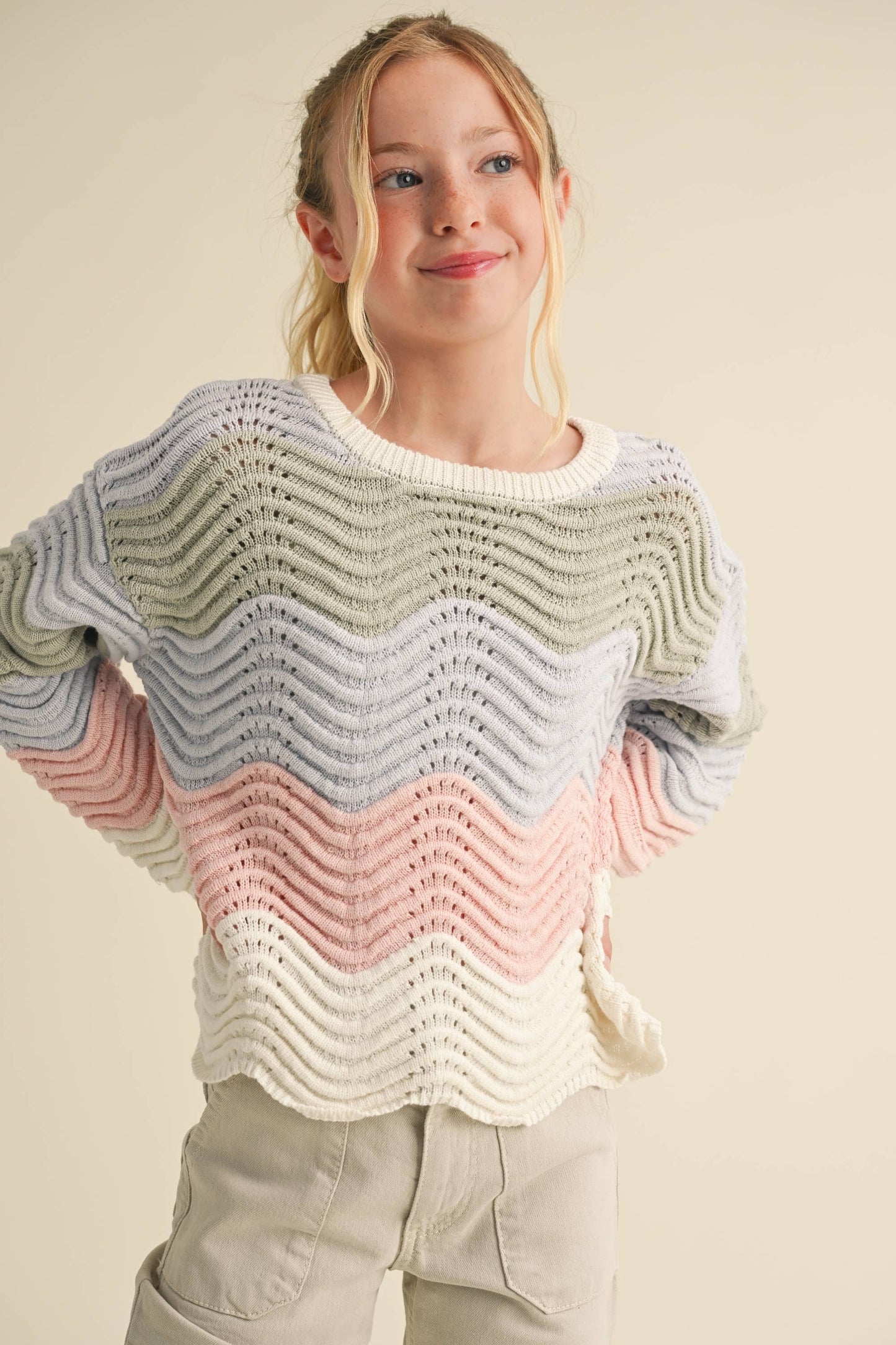 TWEEN WAVY RIB KNIT 100% COTTON SWEATER